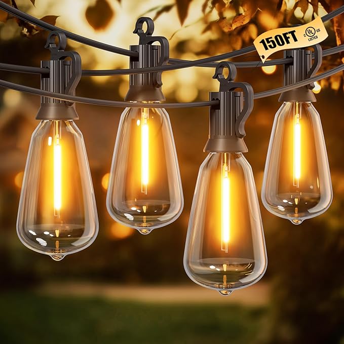 Brightown Outdoor String Lights, 150FT 75+2 LED ST38 LED Patio Lights Shatterproof, Dimmable IP65 Waterproof Connectable Hanging Outdoor Light for Backyard, Porch, Deck, Balcony