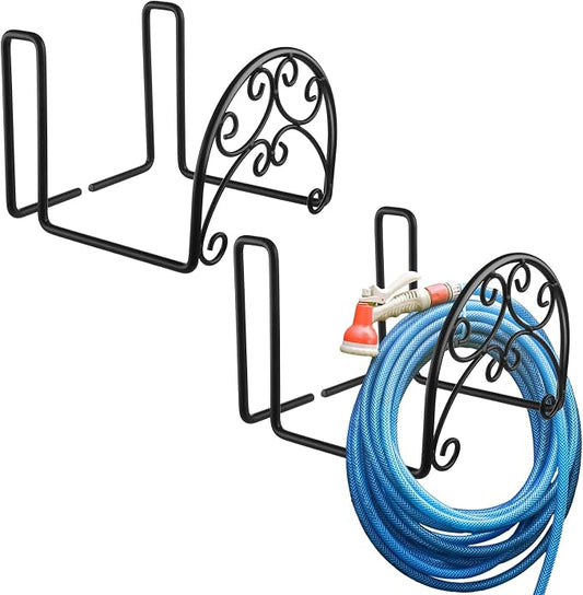 Wonderjune 2 Pcs Hose Holder Wall Mount Garden Heavy Duty Hanger Fits 3/4 Inch to 1-1/4 Inch Railing for Expandable Hose Reel Water Pocket Flexible Hook(Black)