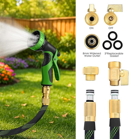 Non-Expandable Garden Hose 50FT, Heavy-Duty Flexible Water Hose, No-Kink Design with 10-Pattern Spray Nozzle, Solid Brass Connectors, Leak-Proof, Includes Hose Hanger & Extra Washers (150FT)