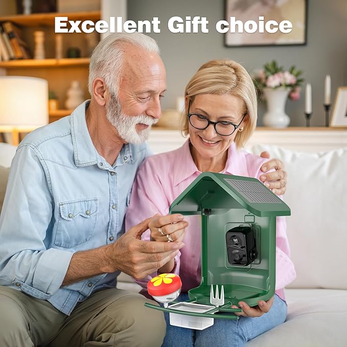Bird Feeder with Camera Solar Powered - Smart Bird Feeder Camera 2K HD Live Stream, 5MP Photos, AI Identification for Backyard, 2.4Lb Large Capacity, Gifts for Mom Dad, Green