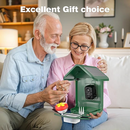 Bird Feeder with Camera Solar Powered - Smart Bird Feeder Camera 2K HD Live Stream, 5MP Photos, AI Identification for Backyard, 2.4Lb Large Capacity, Gifts for Mom Dad, Green