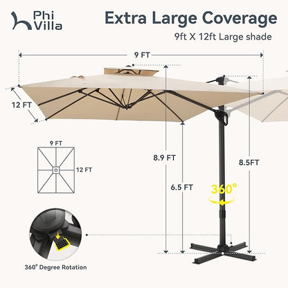 PHI VILLA 9’ x 12’ Cantilever Patio Umbrella with Base, Outdoor Rectangular Heavy Duty Large Umbrella with Hydraulic Lift and 360° Rotation, Beige
