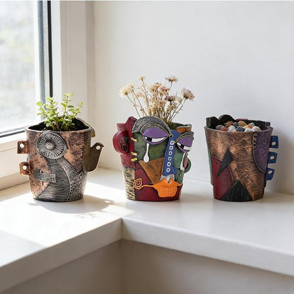 Funny Abstract Art Face Mini Planter Pots Set of 3, Unique & Colorful Hand-Painted Resin Succulent Pots for Indoor Decor, Shelf, Desk, Windowsill