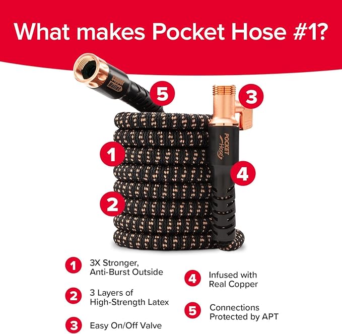 Pocket Hose 50 FT Copper Bullet Expandable Garden Hose w/10 Pattern Thumb Spray Nozzle AS SEEN ON TV 650psi 3/4 in Patented Lead-Free Ultra-Lightweight Solid Copper Anodized Aluminum