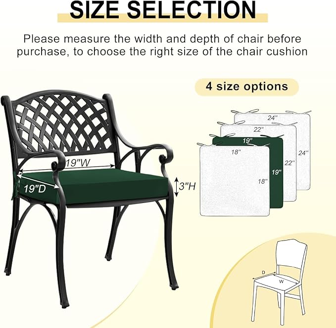 downluxe Waterproof Outdoor Chair Cushions Set of 4, 19" x 19" x 3" Patio Chair Cushion with Non-Slip Ties & Handle, Square Outdoor Cushion for Patio Furniture with Removable Cover, Forest Green