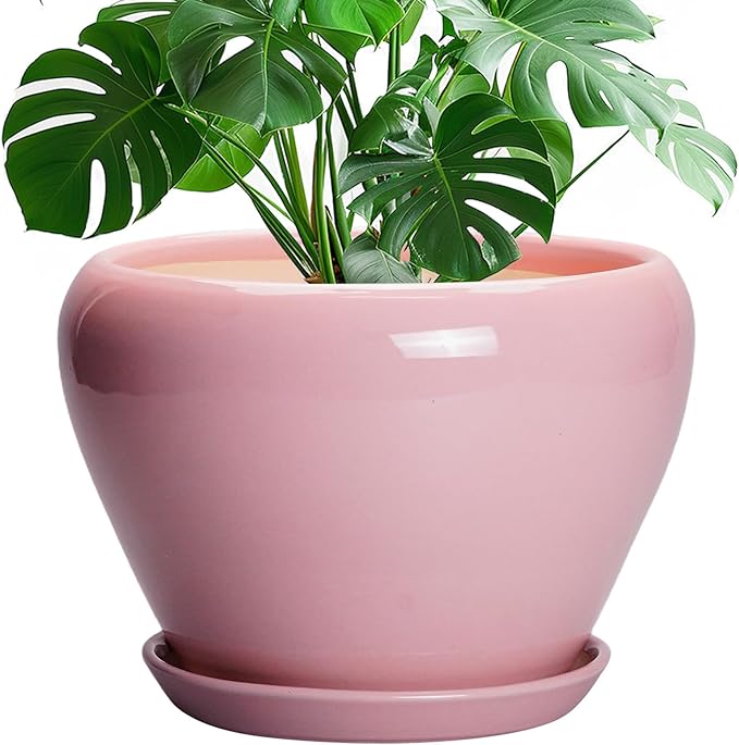 10 Inch Plant Pot - Ceramic Planter for Indoor Plants, Glaze Modern Round Planter with Drainage Hole and Saucer, Gifts for Plant Lovers, Office Patio Home Room Decor, Pink