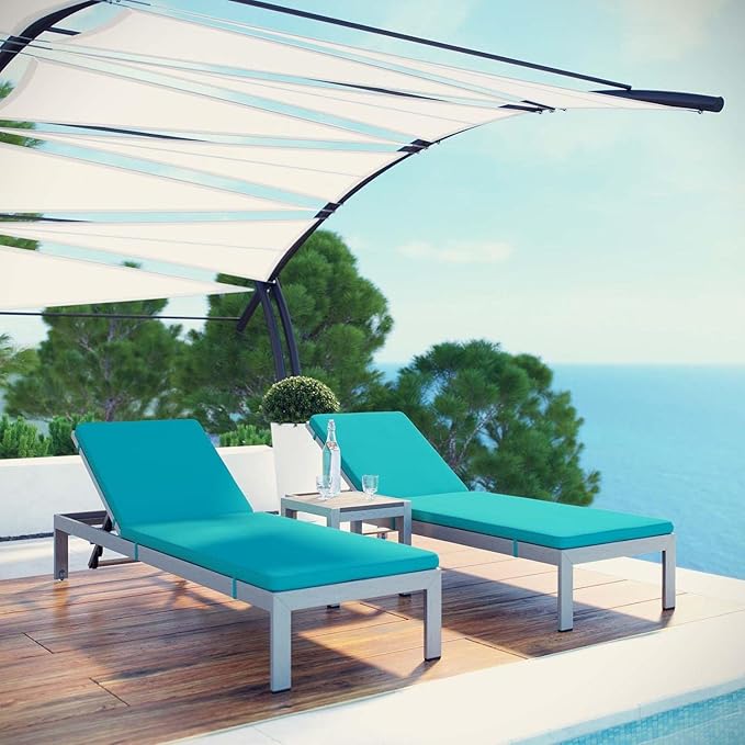 Modway Shore Aluminum Outdoor Patio Two Poolside Chaise Lounge Chairs with Cushions and Side End Table in Silver Turquoise