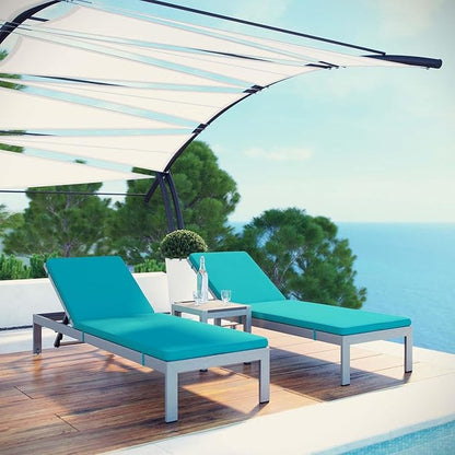Modway Shore Aluminum Outdoor Patio Two Poolside Chaise Lounge Chairs with Cushions and Side End Table in Silver Turquoise