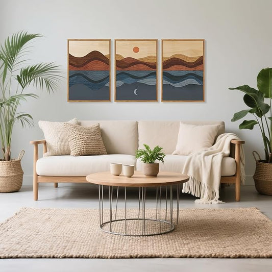 CHDITB Mid Century Modern Framed Canvas Wall Art, Boho Mountain Sun Moon Wall Decor, Abstract Nature Ocean Landscape Artwork, Minimalist Geometric Wave Posters for Living Room Bedroom Office 16"x24"x3