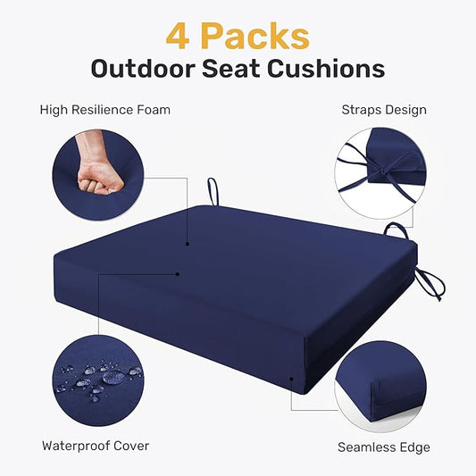 UNIKOME Outdoor Chair Cushions Pack of 4, Water Resistant Patio Cushions with Ties, High Density Sponge Filling Square Corner Seat Cushions for Outdoor Furniture, 19"*19"*3", Navy Blue