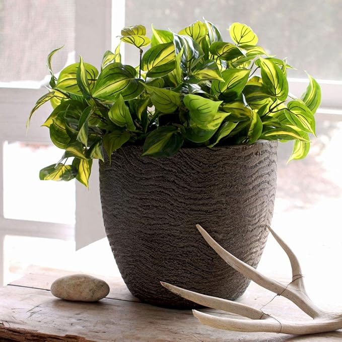 The HC Companies 15 Inch Aspen Planter Indoor Outdoor Round Fiberglass Planter Pot with Contemporary Textured Design, Charcoal