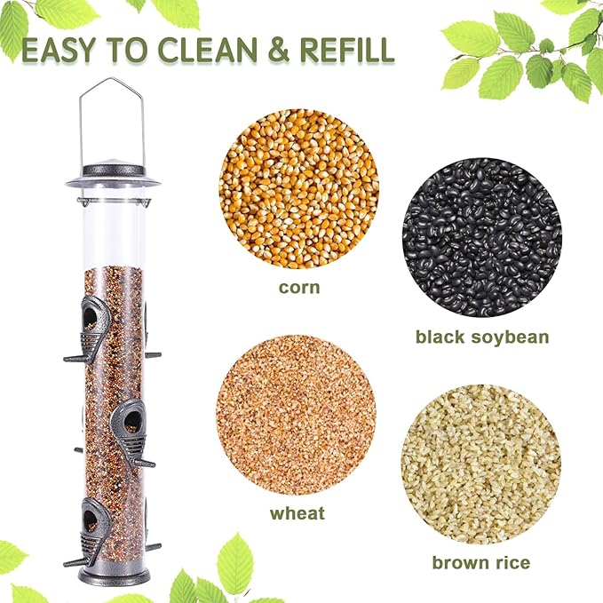 MIXXIDEA 1PK Metal Wild Bird Feeder,Squirrel Proof Bird Feeders for Outside,Hanging 6 Port Tube Bird Feeder Transparent Finch Bird Feeder for Attracting Birds in Your Lawn, Garden, Balcony-Gray