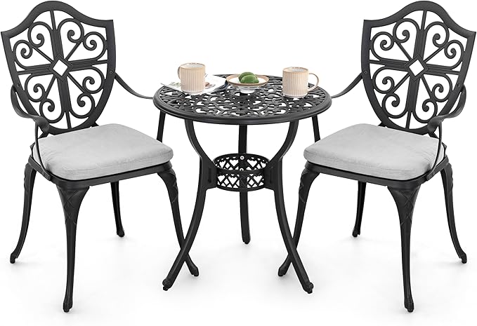 NUU GARDEN 3-Piece Cast Aluminum Bistro Set, Outdoor Patio Bistro Table and Chairs with Umbrella Hole and Grey Cushions, Black