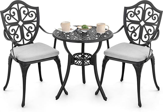 NUU GARDEN 3-Piece Cast Aluminum Bistro Set, Outdoor Patio Bistro Table and Chairs with Umbrella Hole and Grey Cushions, Black