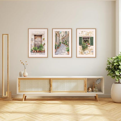 FWIEXA Italy Streets Travel Framed Wall Art Set, Green Botanical Wall Decor, Vintage Italian Style Countryside Villages Wall Print, Potted Plant Canvas Artworks, 3 Pieces Nature Landscape Painting for Bedroom, Office, Living Room