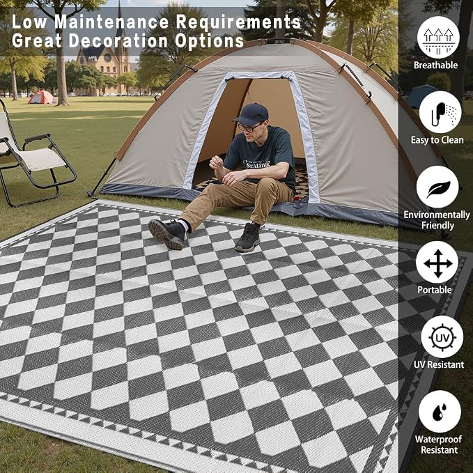 HUGEAR Outdoor Waterproof Rug 10'x14' Plastic Straw Rugs Washable Reversible Floor Mat Grey Plaid Carpet for Camping RV Deck Entryance Porch Picnic Balcony Beach Backyard