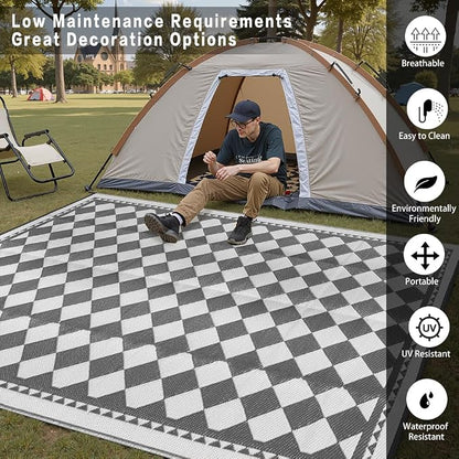 HUGEAR Outdoor Waterproof Rug 10'x14' Plastic Straw Rugs Washable Reversible Floor Mat Grey Plaid Carpet for Camping RV Deck Entryance Porch Picnic Balcony Beach Backyard