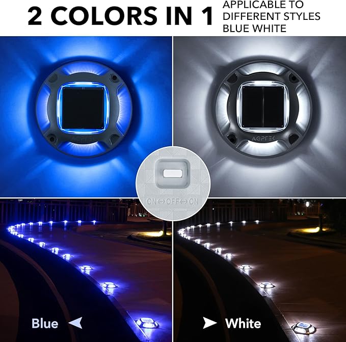 AGPTEK Solar Driveway Lights Outdoor 12 Pack, 2 Color Modes LED Deck Dock Marine Waterproof Security Marker Lights for Step Sidewalk Stair Garden Pathway Walkway Yard(Blue Light/Cool White)