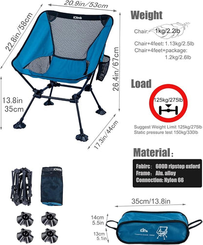 iClimb Ultralight Compact Camping Folding Beach Chair with Anti-Sinking Large Feet and Back Support Webbing (Blue - Square Frame)