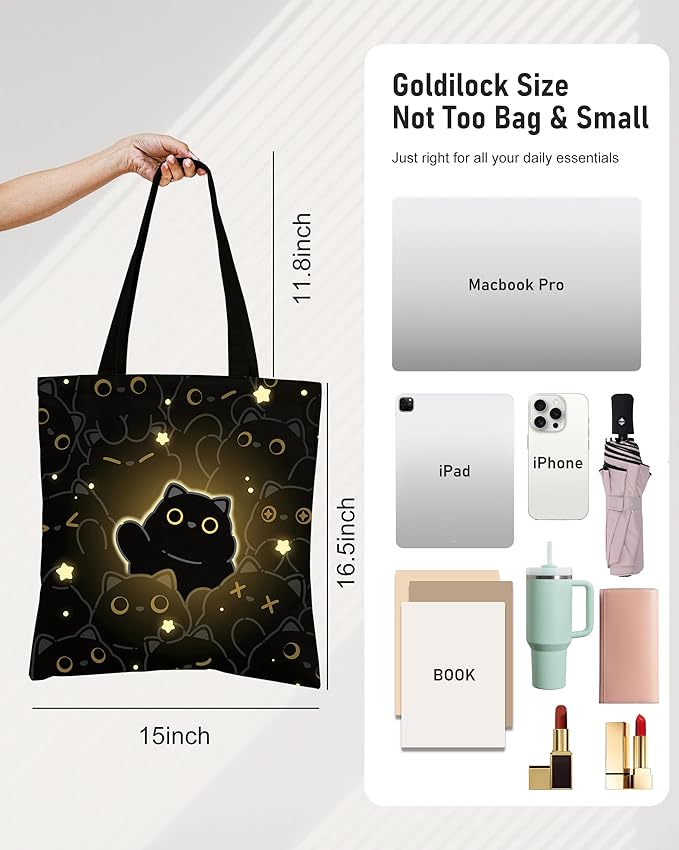 Canvas Tote Bag with Aesthetic Prints, Cute Tote Bag for Women Girls with Wide Strap, Gifts for Cat Book Lovers