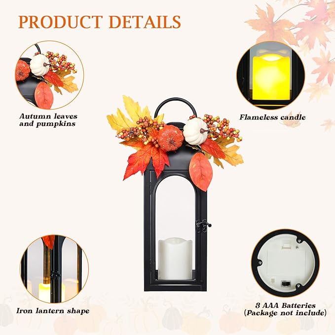 Thanksgiving Outdoor Decorations Lantern 2Pack, Fall Decorations for Home Waterproof 16" Battery Powered Decorative Lanterns Metal Hanging LED Candle Holder, Flameless Candle Lantern for Indoor