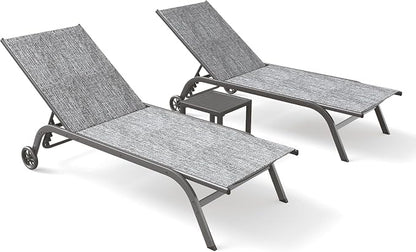 UDPATIO Aluminum Lounge Chair Set of 3 Poolside Chaise Lounger Outdoor Lounge Chairs 5 Adjustable Position Backrest Pool Lounger with Wheels Side Table for Patio Pool,Grey