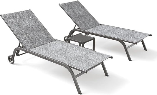 UDPATIO Aluminum Lounge Chair Set of 3 Poolside Chaise Lounger Outdoor Lounge Chairs 5 Adjustable Position Backrest Pool Lounger with Wheels Side Table for Patio Pool,Grey