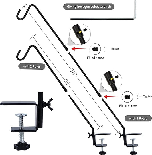Juegoal Heavy Duty Deck Hook with 2 Inch Non Slip Clamp, 25 or 36 Inch Extended Reach Deck Hook, Adjustable Rail Pole Plant Bracket for Hanging Bird Feeder, Plants, Lanterns, Wind Chimes