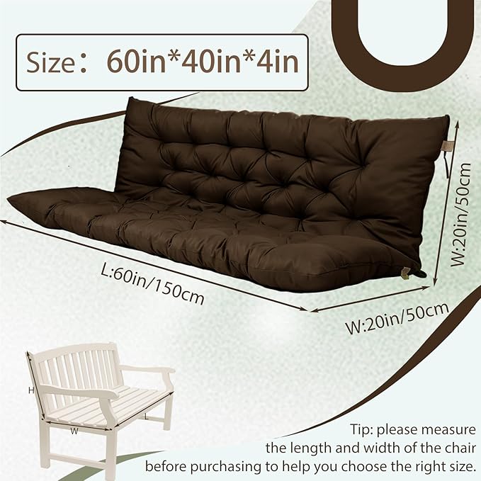 2/3 Seater Swing Replacement Cushion, Waterproof Porch Swing Cushions with Backrest, Thickened Bench Cushions for Outdoor Furniture, for Outdoor Patio Swing (Brown, 60 * 40 in)