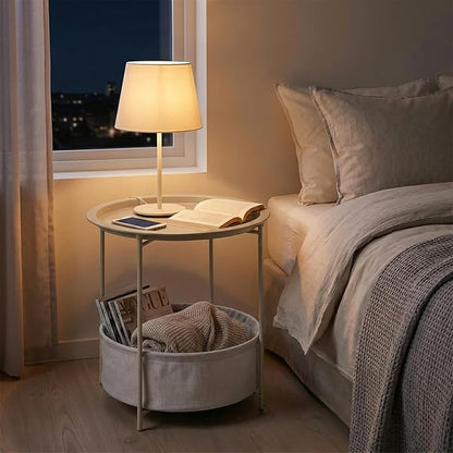 VECELO Round Side/End Table with Fabric Storage Basket，Metal Anti-Rust and Waterproof Small Bedside Nightstand with Removable Tray Top for Living Room，Balcony & Laundry，Grey /1pcs with Basket