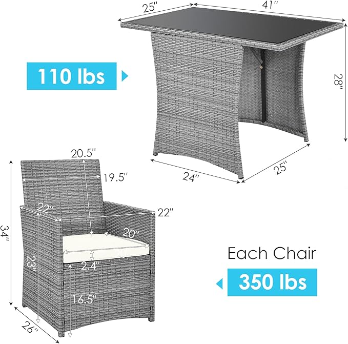 HAPPYGRILL 3 Pieces Outdoor Wicker Bistro Set Space-Saving PE Rattan Dining Table Set with Cushioned Chairs, Patio Conversation Set for Backyard Porch Garden and Poolside