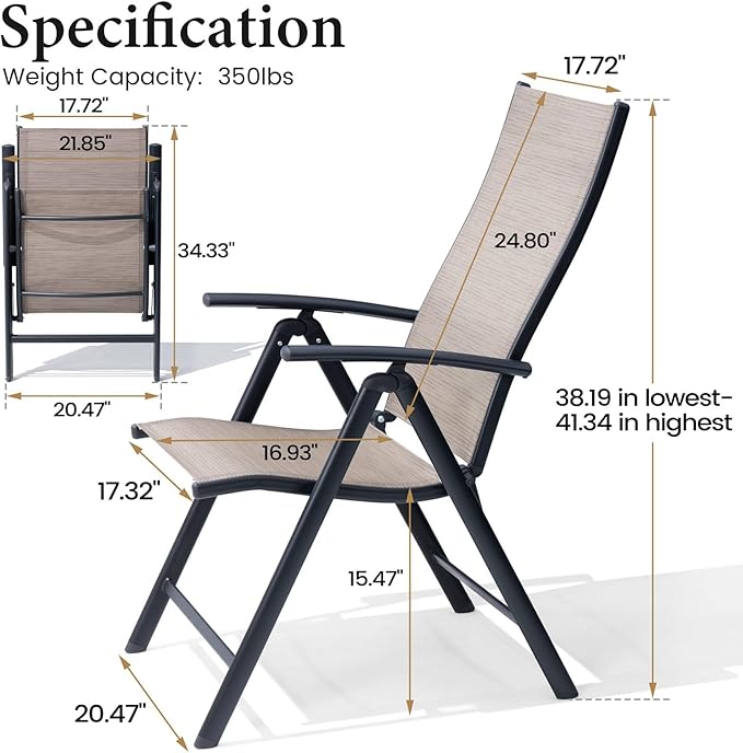 Crestlive Products Folding Patio Chairs Set of 6, 7-Level Adjustable Recliner Chairs Foldable Outdoor Lawn Chairs for Pool, Backyard, Brown