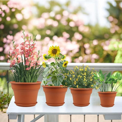Pottiffe 11 Inch Plastic-Flower-Pot-for-Indoor-Plants, 4 Pack Large Outdoor Planter Pot with Drainage Holes & Saucers, Resin Decorative Garden Pots Planters