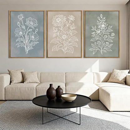 Anyzal Boho Floral Framed Wall Art 12x16 Inch Farmhouse botanical Canvas Wall Decor Modern Minimalist Plant Artwork for Living Room Bedroom Dining Room Set of 3