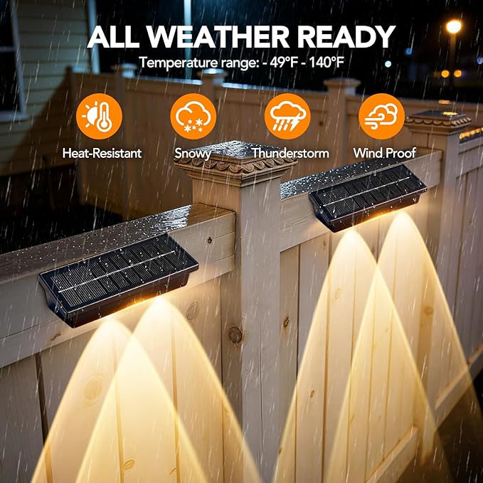 Solar Fence Lights Outdoor,2 Pack Waterproof LED Solar Powered Deck Light with Ultra Bright LED Lens,3000K/4000K/6000K Selectable,12+ Hours Steady Glow for Step,Railing,Backyard,Wall