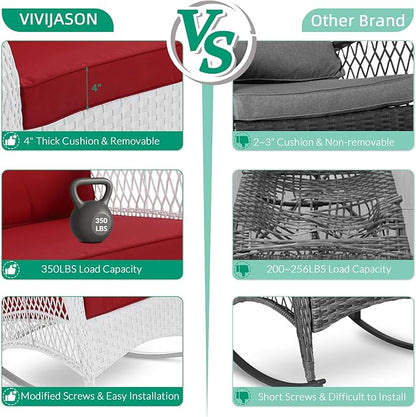 VIVIJASON 2 Piece Patio Wicker Rattan Rocker Chair, Outdoor Rattan Rocker Chair with Cushions & Steel Frame, All-Weather Rocking Lawn Wicker Furniture for Garden Backyard Porch (White Wicker/Red)