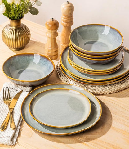 TheTerra Ceramic Dinnerware Set for 4, 12-Piece Plates and Bowls Set | Lightweight Porcelain Dish Set, Scratch Resistant, Oven & Microwave & Dishwasher Safe, Blue Dusk