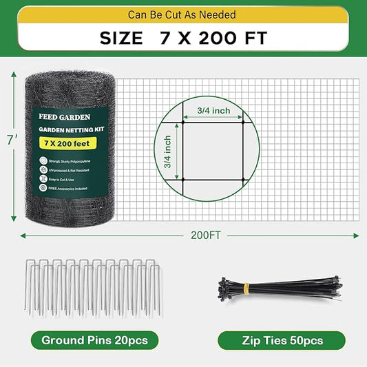 FEED GARDEN Deer Netting Deer Fence Netting, 7 x 200 Feet for Garden Protection Reusable Protective for Plants Fruit Trees Vegetables Against Birds and Other Animal