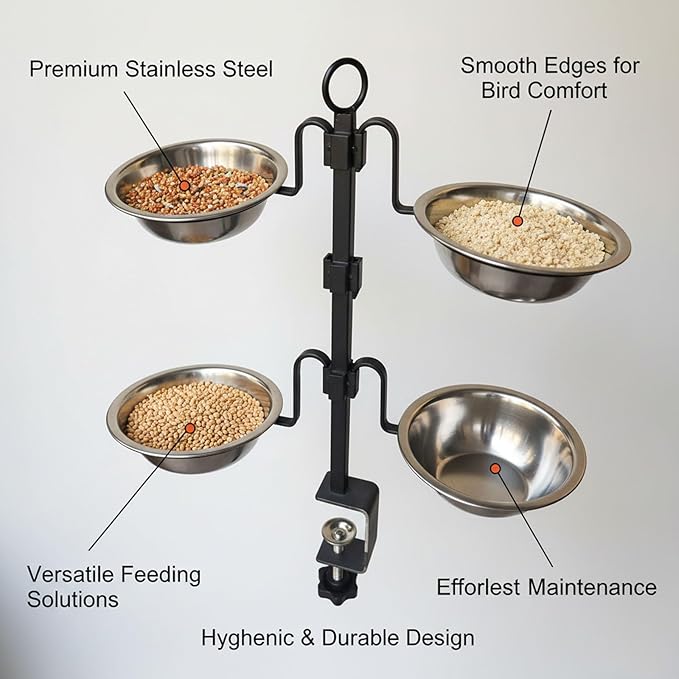 Deck Bird Feeder, 3-Tier Adjustable Railing Clamp-On Feeder with Four Stainless Steel Bowls for Balcony Patio Outdoor Use