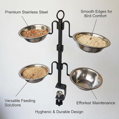 Deck Bird Feeder, 3-Tier Adjustable Railing Clamp-On Feeder with Four Stainless Steel Bowls for Balcony Patio Outdoor Use