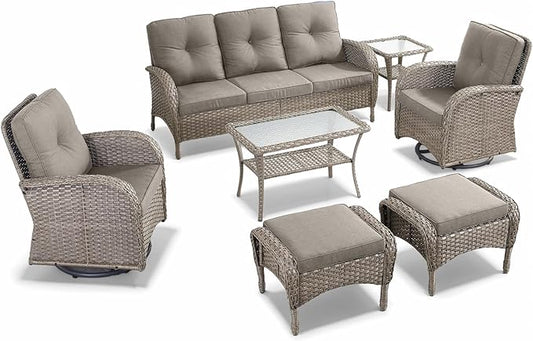 7 Pieces Outdoor Patio Furniture-Swivel Patio Chairs Set of 2 Outdoor Wicker Rattan Sofa Couch with Ottoman Outdoor Conversation Set for Deck Porch Garden Balcony Poolside-Grey/Grey