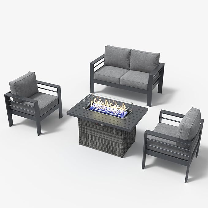 LayinSun Aluminum Furniture Set with Fire Pit Table, 4 Pieces Patio Sectional Conversation Chat Sofa Modern Seating Set