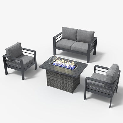 LayinSun Aluminum Furniture Set with Fire Pit Table, 4 Pieces Patio Sectional Conversation Chat Sofa Modern Seating Set