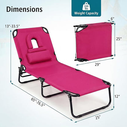 GYMAX Tanning Chair, Folding Lounge Chairs with Face Hole & Cover, Removable Pillow Carry Handle, Portable Compact Outdoor Layout Recliner for Beach, Poolside, Lawn, Patio, Camping (Pink,1)