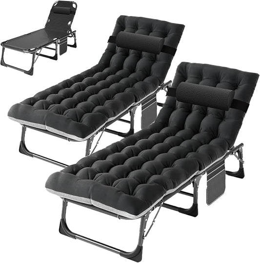 ABORON Tanning Chairs, 2 Pack, 5-Position Padded Folding Loungers | Set of 2 folding chaise lounges with 5-position backs, padded mats and pillows; supports up to 500 lb per chair.