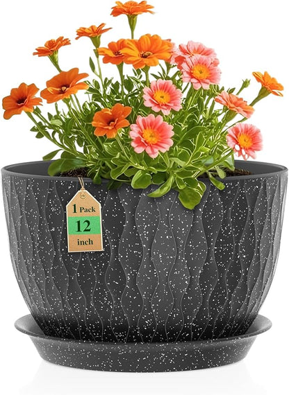 WSMKSZ 12 Inch Wide Water Ripples Flower Pots for Indoor or Outdoor Plants, Large Plant Pots with Drainage Holes & Saucer, Plastic Planters Set for Garden & Home Decor (Black with White Speckles)
