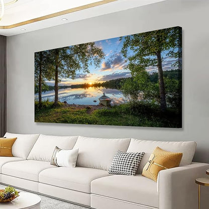 Tree Canvas Wall Art of a Sunrise Over a Forest Lake 24x48inches Nature Inspired Painting Perfect for Wall Decoration in Living Room and Bedroom Trees and Landscape Picture Artwork Prints
