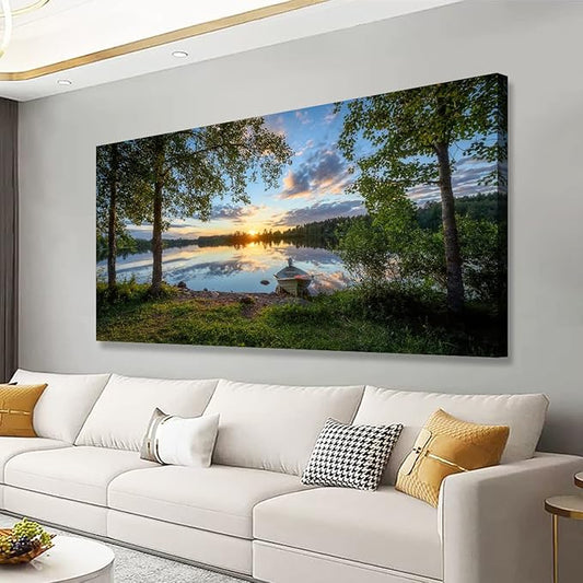 Tree Canvas Wall Art of a Sunrise Over a Forest Lake 28x57 inches Nature Inspired Painting Perfect for Wall Decoration in Living Room and Bedroom Trees and Landscape Picture Artwork Prints