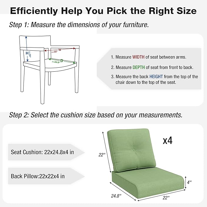 Joyside Outdoor Chair Cushions Set, 22x25/22x24 Inch Patio Furniture Deep Seat Cushions, Water Resistant & Thick Cushion, Outdoor Replacement Cushions for Seat and Sofa (Green, 4 Set)