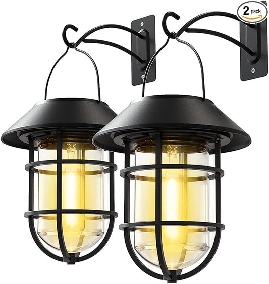 Solar Lantern Hanging Solar Lights Outdoor, Waterproof Metal Wall Lantern with Hooks, Outdoor Wall Lights for Porch, Patio Yard Garden Decor, No Wiring Required, 2 Pack